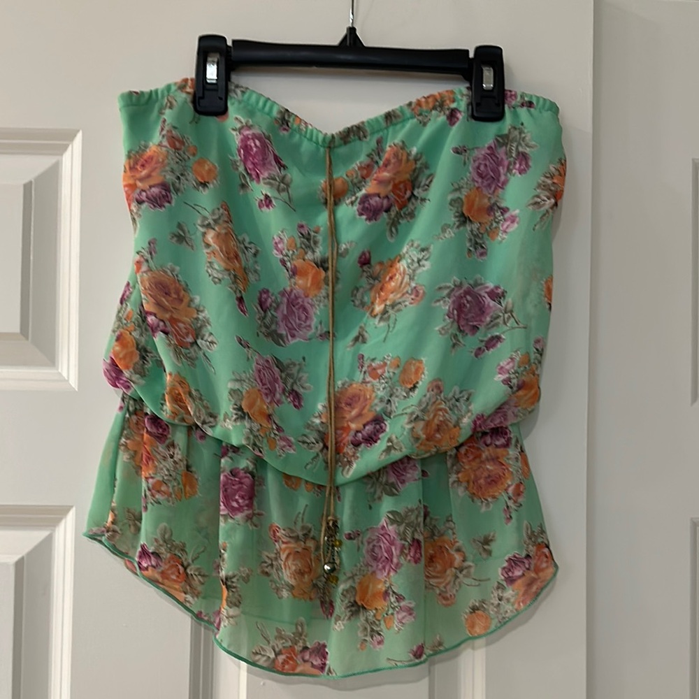 Floral Strapless Top - Green and Purple